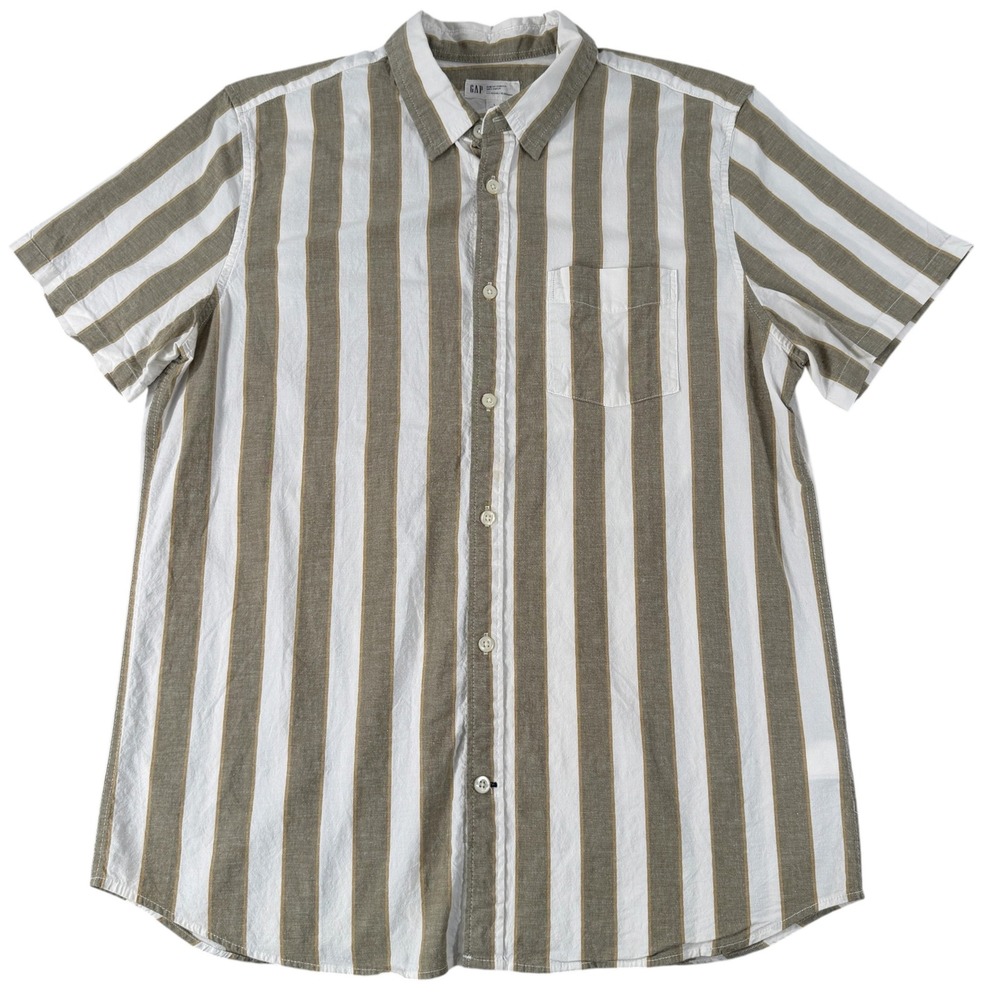 GAP Mens Large Slim Fit Stretch Soft Poplin Short Sleeve Shirt Olive Bar Stripe